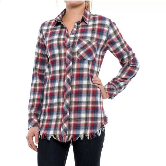 Beachlunchlounge Plaid Frayed Hem Cotton Button Down Sz XS - Picture 1 of 9